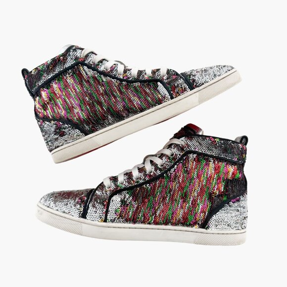 Christian Louboutin Bip Bip High Sneakers EU 37.5 US 7.5 Silver Flip Up Sequin - Picture 6 of 14